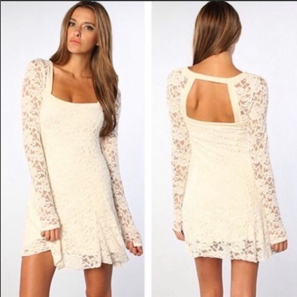 FP FREE PEOPLE Cream White Flirt For You Lace Sheer Long sleeve Mini Dress Small - Picture 8 of 8